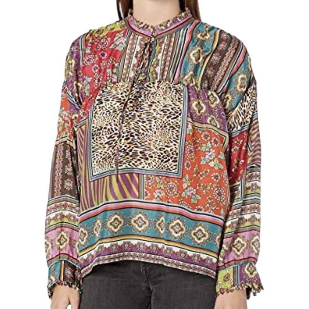 Johnny Was 100% Silk Top Women's Large Long Sleeve Patchwork Floral Oversized